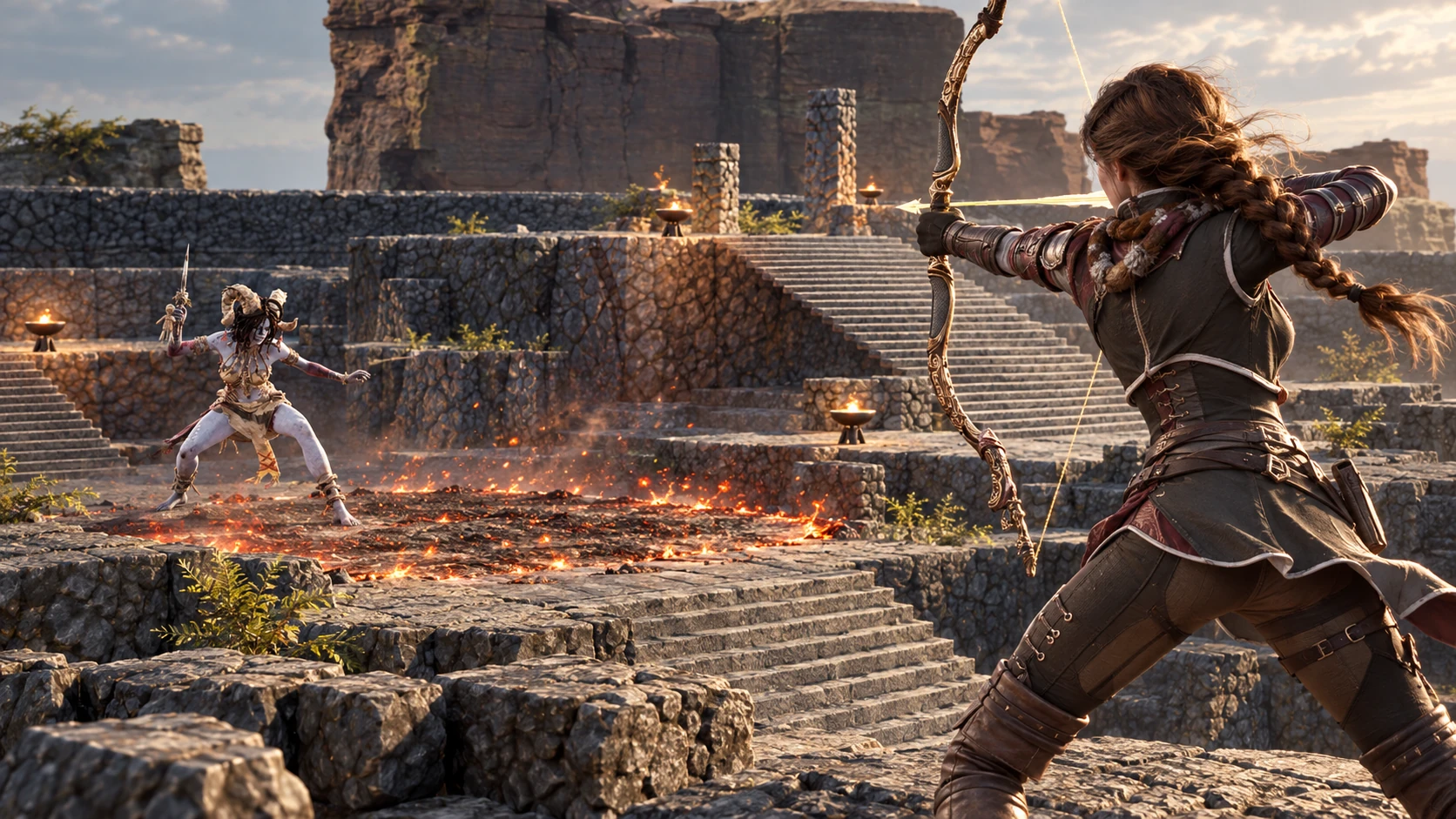 Deadeye prende la mira tra le terrazze della Ziggurat mentre Pyromancer controlla le scale con le braci.