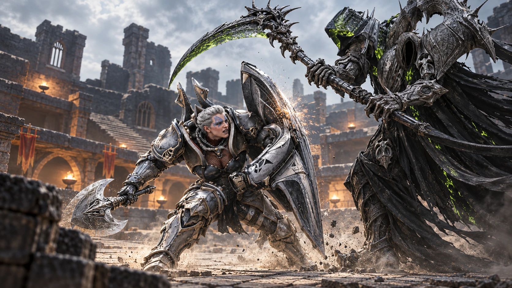 Sentinel oppone lo scudo alla falce di Reaper a Sunken Sanctum.